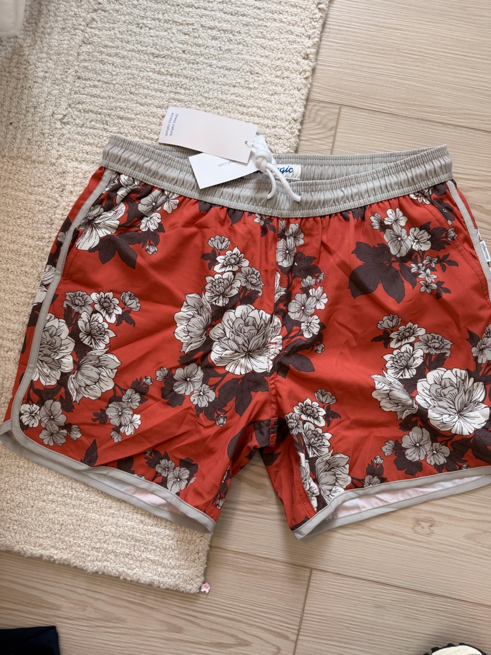 Men’s Floral Swim Trunks in Rust Red with Grey Trim